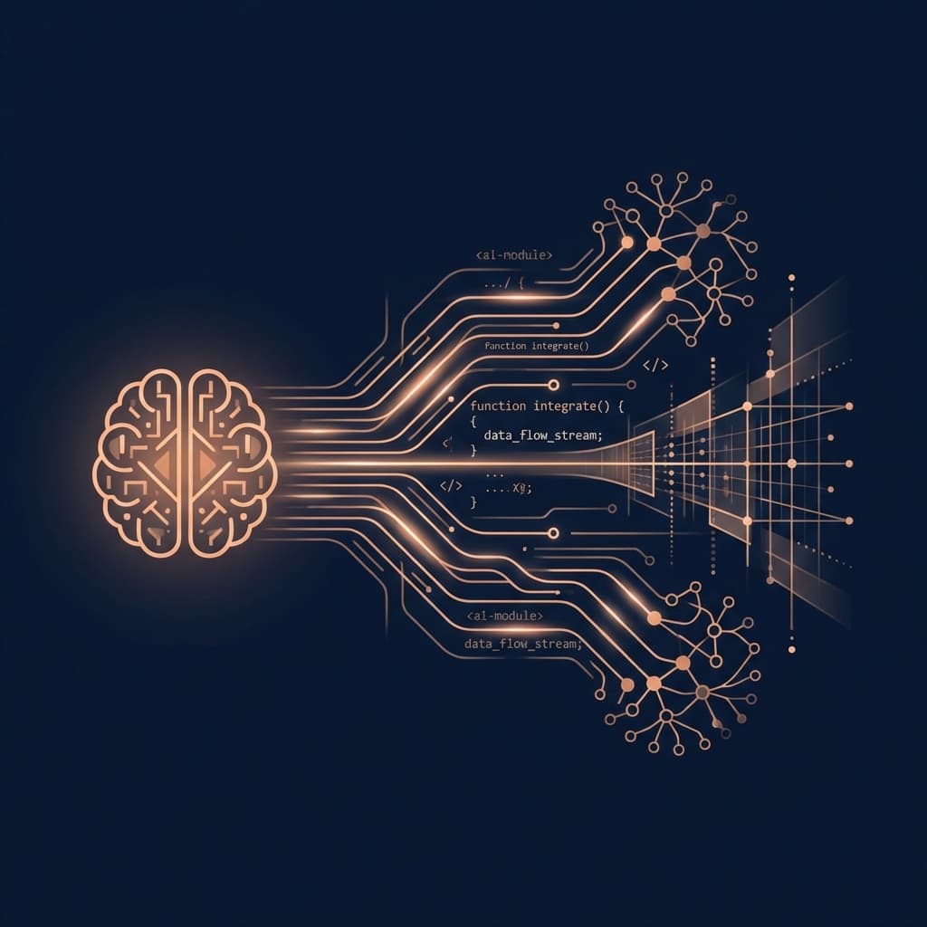 Abstract software workflow illustration showing AI assistance alongside human engineering review.